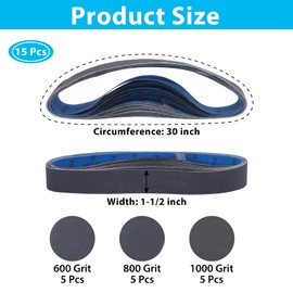 15 Pack 1-1/2 x 30 Inch Sanding Belts, Extra Fine Grit Silicon Carbide Sanding Belt, 5 Pcs Each of 600, 800, 1000 Grits Sander Belt for Knife Sharpening Woodworking