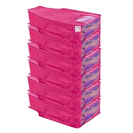 atorakushon 6 Piece Fabric Satin Blouse Cover Clothes Storage Bag Set With Transparent Window Wardrobe Garments Organizers (Pink)