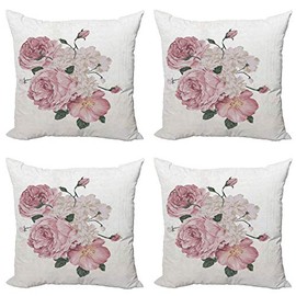 ABAKUHAUS Rose Throw Pillow Cushion Case Pack of 4, Old Roses Corsage Grunge, Modern Accent Double-sided Digital Printing, 45 cm x 45 cm, Beige Rose Green