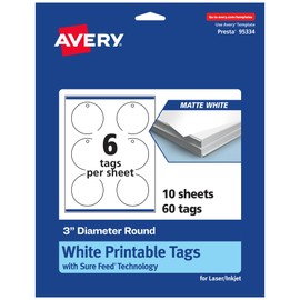AVERY Printable Round Tags, 3" Diameter, Matte White, 60 Tags, Sure Feed Technology, Print-to-the-Edge, Laser/Inkjet Compatible