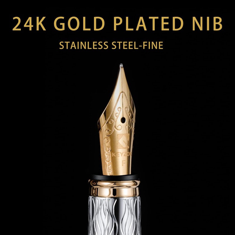 Keyzor Luxury Fountain Pen - Fancy (Silver) Pen 24K Gold