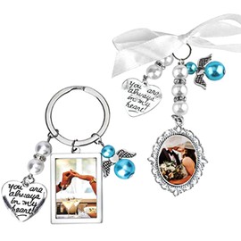 2 Pcs Wedding Bouquet Charm Set, Bouquet Charms for Wedding Memory, Aesthetic Bridal Bouquet Charm Holder Picture Frame with Bow-Knot, Bride Angel Charm Memorial Photo Charm, for Bridal Party