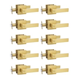 Tinewa 10 Pack Heavy Duty Gold Square Privacy Interior Door Levers, Satin Brass Finish, Bedroom and Bathroom Door Handles Keyless Bed/Bath Lockset