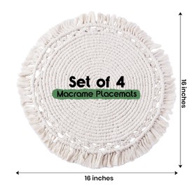 SnugLife Macrame Placemats Set of 8 - Handmade Cotton Woven Boho Placemats - Modern Farmhouse Fringe Placemats for Dining Table, Kitchen, Bohemian Wedding Décor, Rustic Natural Off White, 16"