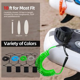 Abahub Coil SUP Leash, 10 ft Lite Coiled Paddle Board Leashes, 5mm Thick Legrope Strap for Longboard Surfboards, Stand-up Paddleboards, iSUP Replacement Leg Rope,Green