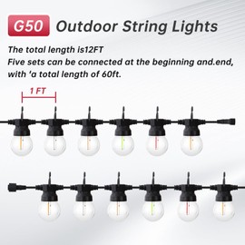 SWEIFI Outdoor String Lights 12ft Fall Resistant Waterproof Attachable String Lights 6 Color Lighting Features G50 Clear Light Bulbs Suitable for Your Garden Terrace and Commercial Cafe