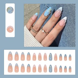 24 Pcs Blue Press on Nails Shotr Almond - MINGCHUN Autumn Fake Nails Leopard French Nails Press ons Nail Art Tips Full Cover Acrylic False Nails with Shell Wave 3D Rhinestone Design Glue on Nails Kit