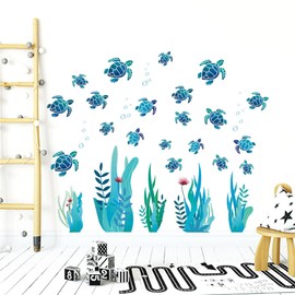 SMAOSTORE Wall Sticker, Undersea World, Aquatic Plants, Turtles, Sea Animals, Ocean Bubble, Stylish, Children's, Room/Bedroom/Study Room/Bedroom/Background/Wallpaper, Waterproof, Removable, Wall
