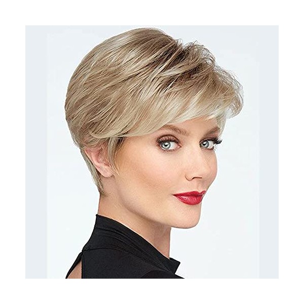 Becus Short Blonde Pixie Cut Wigs for Women Fluffy Layer Lowlight With Root Stretch Synthetic Hair Pixie Wig with Bangs for Women Replacement Wig Daily Wear(Ash Blonde)