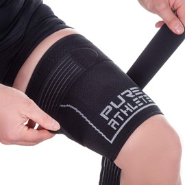 Pure Athlete Thigh Compression Sleeve – Adjustable Straps Quad Wrap Support Brace, Hamstring Upper Leg (1 Sleeve - Black, Large)