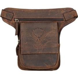 MDM Leather Leg Bag, Motorcycle Waist Bag with Eagle Embossing, 26 x 19.5 x 4 cm, with Adjustable Straps, brown, motorbike