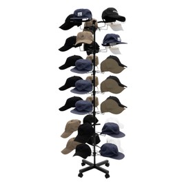 Freestanding Rotating Hat Display Rack Stand with 35 Hooks, 7 Tiers Hat Holder Storage Organizer with Wheels, Floor Stand Display Holder Headwear Retail Store Black Wig Cap Hanger Rack (Black)