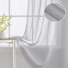 Woaboy Curtains with Ruffle Tape, Voile Curtains, Living Room, Transparent Sheer Curtains, Store Curtain, Bedroom, Modern Loop Curtains, Set of 2, 140 x 245 cm (W x H), Grey