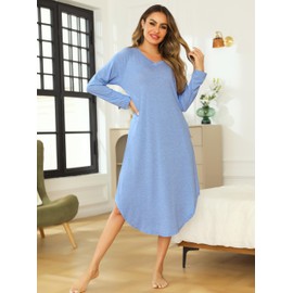 Wikoan Women's Nightdress V-Neck Super Soft Cotton Nighties Long Sleeve Nightgown Lounge Dress with Pockets,Light Blue,XL
