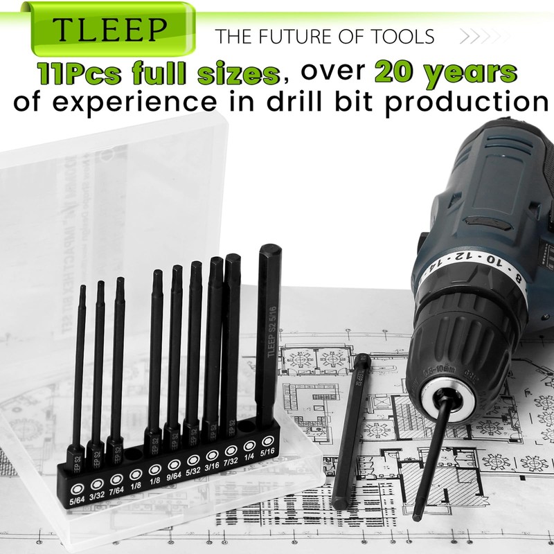 TLEEP 11Pcs 1/4" Allen Wrench Drill Bit Set 5/16"-5/64", 100MM