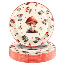 Pandecor - 50 platos de papel desechables, 7 pulgadas, platos de postre para tartas de hongos rojos para decoración de fiesta temática de hongos salvajes y vibrantes (platos de hongos, 7 pulgadas)