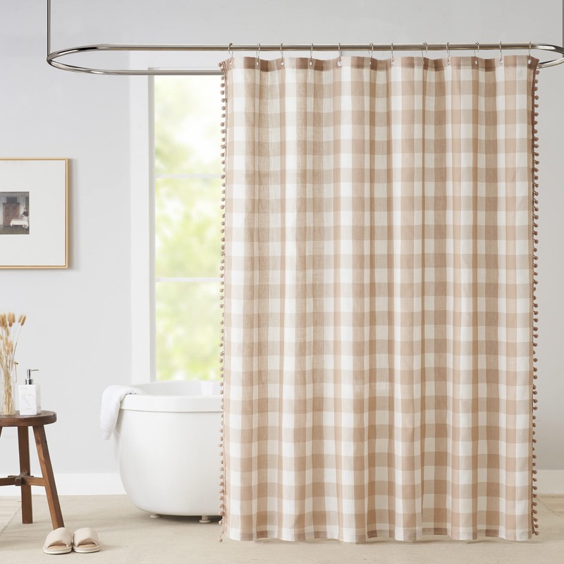 VOILYBIRD Tan and White Buffalo Plaid Boho Shower Curtain for