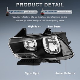 KUIPERAUTO Headlights Assembly Compatible for 2011 2012 2013 2014 Dodge Charger Halogen Black Housing Clear Reflector Front Headlamp Pair