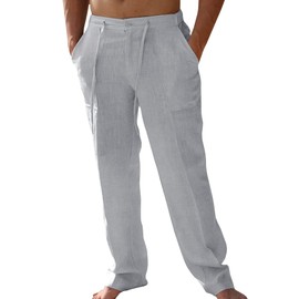 PASLTER Mens Casual Linen Pants Loose Fit Straight-Legs Elastic Drawstring Waist Summer Beach Yoga Long Pants A-Grey