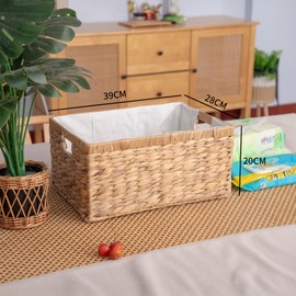 Water Hyacinth Storage Basket for Organizing,Large Wicker Basket Rectangular Bins with Liners, 14.5x10x7Inches Built-in Handles, 1 Pack.