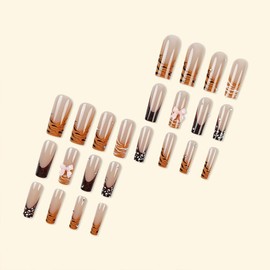 ＴＩＺＹＦＦ Press on Nails, Bow Leopard French Fake Nails, Artificial Nails for Women and Girls -24 pc
