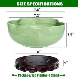 MUZHI Green Ceramic Water Lotus Flower Bowl Planter with Solid Wood Tray, Elegant Hole-Free Ice Crack Hydroponic Water Lily Bowl Pot with Stand 7.5”