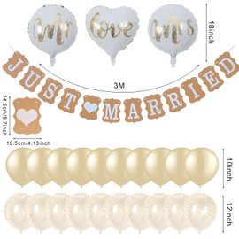 Just Married Wedding Decoration Bride and Groom Wedding Helium Balloons and Banner Decoration, Wedding Decoration in White and Gold for the Perfect Wedding Party Pack of 24