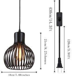 RAYMALUX Plug in Pendant Hanging Light Industrial Vintage Black Metal Cage Hanging Lignt Fixture with 14.3 FT Cord and ON/Off Switch for Kitchen Lighting,Bedroom,Living Room,Dining Hall