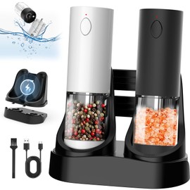 Rechargeable Electric Salt and Pepper Grinder Set, Automatic Salt Pepper Mill Grinder with USB Charging Base & White LED Light, Adjustable Coarseness, Washable Container, One-handed Operation, 2 pack