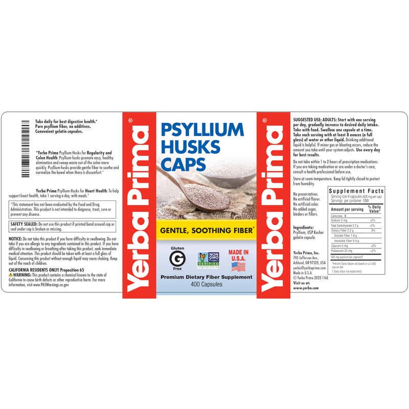 Yerba Prima Psyllium Husks Caps, 625 mg, 400 Capsules (Pack