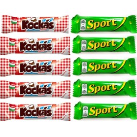 5 pcs of Hungarian Turo Rudi Kockas Chocolate-Covered Cottage Cheese Dessert Bars 50g Each, and 5 pcs of Hungarian Sport Szelet 31 g