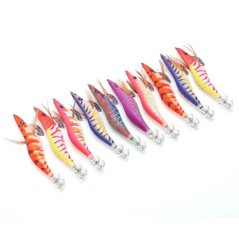 10Pcs Hard Bait Squid Jig Fishing Lure Octopus Wooden Shrimp