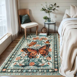 Wonnitar Butterfly 3x5 Machine Washable Rug, Boho Soft Bedroom Area Rug, Ultra-Thin Non Slip Floral Insect Print Carpet for Living Room Entryway Dorm (3'x5',Beige/Green)