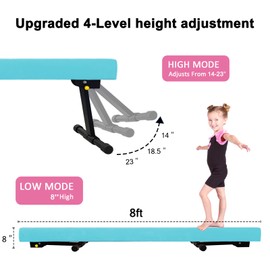 Sealoha 8ft Ultrasimple Adjustable&Foldable Balance Beam,High-Low Floor Beam Suede Gymnastics Equipment,No Tool Require, Gymnastics Beam for Training&Professional HomeTraining