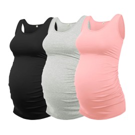 AMPOSH Women's Maternity Tank Top 3 Pack Ruched Side Sleeveless Pregnancy Basic Shirt(Black/Gray/Pale Pink, XXL)