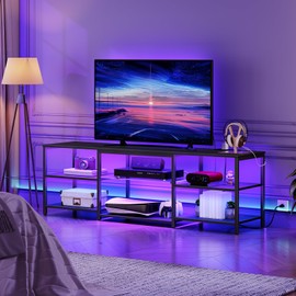 HOOBRO LED TV Stand for 75 Inch TVs with Charging Station, Gaming Entertainment Center with 3-Tier Open Storage, Long 63” Media TV Console Table, TV Stand for Living Room, Bedroom, Black BB21UDDS01