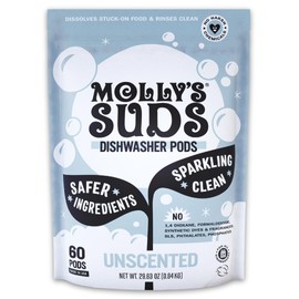 Molly's Suds Dishwasher Pods | Clean Dishwasher Detergent, Cuts Grease & Rinses Clean (Residue-Free) for Sparkling Dishes | 60 Auto-Release Tabs (Unscented)