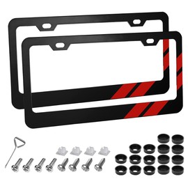 2pcs Aluminum Alloy License Plate Frames for Dodge,Black License Plate Frame,4 Holes Aluminum Alloy Weather Proof License Plate Cover with Fasteners, Screws, Valve Caps and Tool