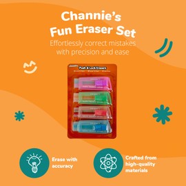 Channie's Fun Eraser Set - Push & Lock Fun Cute Erasers for Kids, Retractable/Push Out School Erasers, Set of 4