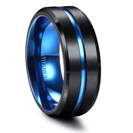 FIOROYAL G23 Titanium Ring for Men 8MM Black Ring with Blue Centre Groove Engagement Rings Wedding Promise Ring Mens Rings Size S
