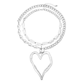 Chunky Heart Necklace For Women Y2k Big Heart Love Choker Necklaces Exaggerated Layered Statement Pearl Thick Chain Pendant Necklace Silver