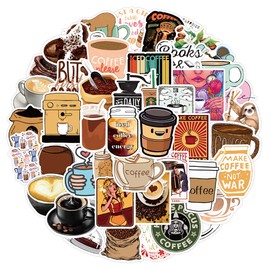 50 Packs Cute Coffee Stickers Water Bottles Laptop Phone Motorcycle Computer Guitar Skateboard Hydroflasks Coffee Time Vinyl Sticker Waterproof Aesthetic Trendy Decals for Teens Girls Adults