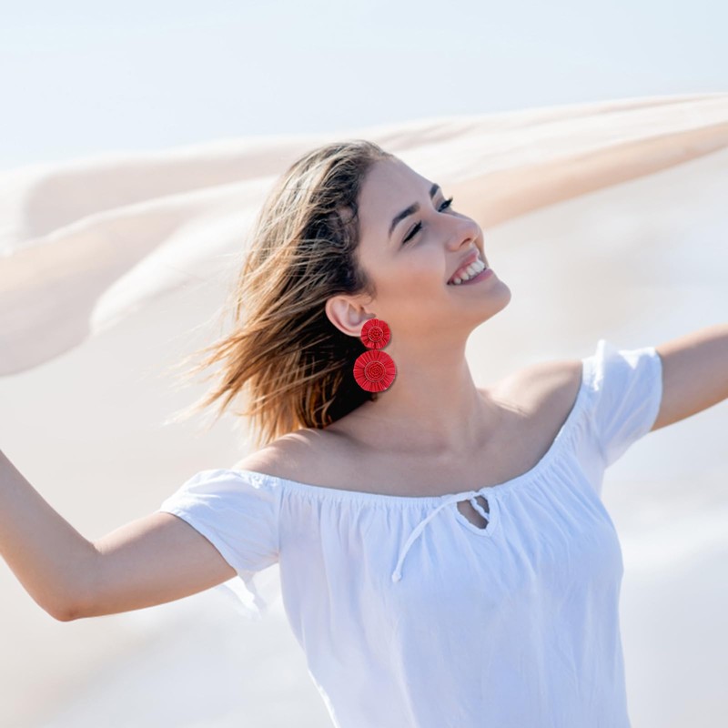 Statement Raffia Floral Earrings Boho Beaded Earrings Summer Beach Handwoven