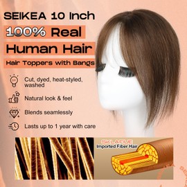 SEIKEA Hair Toppers for Women Real Human Hair, 10" Clip in Bangs Hand-tied Base 1.4 * 2.2inch Natural Realistic with Thinning Hair with Wispy Bangs Medium Brown