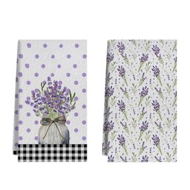 Auomily Purple Lavender Vase Spring Kitchen Towels Dish Towels Set of 2,Blooms Polka Dots Hand Towels 18x26 Inch Drying Dishcloth, Farmhouse Home Seasonal Spring Decorations