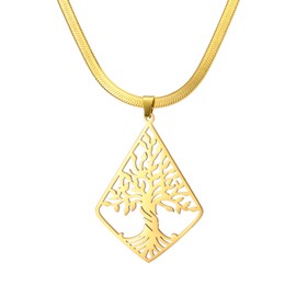 kkjoy Rhombic Tree of Life Necklace Stainless Steel Family Tree of Life Pendant Necklace Nature Inspired Spiritual Jewellery for Women Men, Stainless Steel, No Gemstone