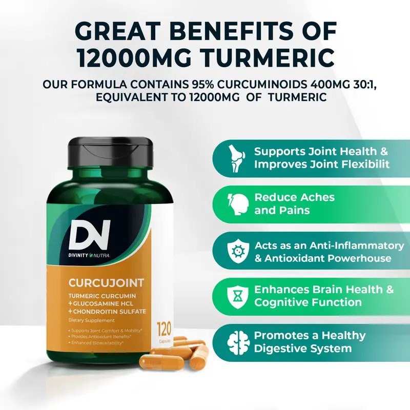 Divinity Nutra Joint Supplement – 120 Capsules with Turmeric Curcumin,