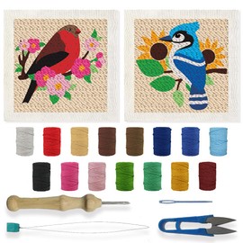 BEUNITONE 2 Sets DIY Punch Needle Kits for Beginners,Birds Pre-Printed Pattern,Embroidery Punch Needle Starter Kits for Adults,Includes Pre-Printed Cloth,Yarns,Hoops,Threader and Instruction