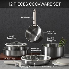 CAROTE 12pcs Pots and Pans Set, Stainless Steel Cookware Set Detachable Handle, Induction Kitchen Cookware Sets with Removable Handle, RV Cookware Set, Oven Safe, Camping Cookware