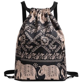 YouNuo Drawstring Backpack Sports Gym Bag for Women Men, Large Size Water-resistant String Backpack With Zipper Pockets and Water Bottle Pockets, Elephant